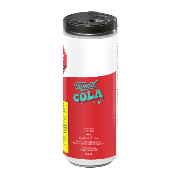 A can of Tweed Zero Cola Drink with branding and labeling indicating it contains cannabis.