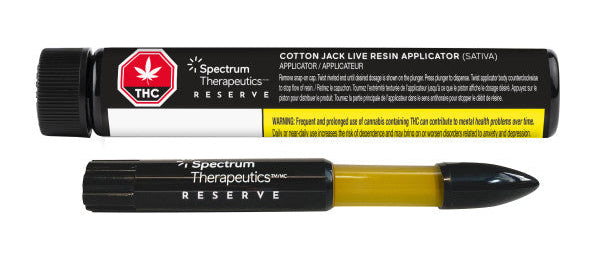 A Spectrum Reserve brand Cotton Jack Oil Applicator, with a black and yellow design, is shown with a shatter-resistant tank and a stainless steel dab tip.