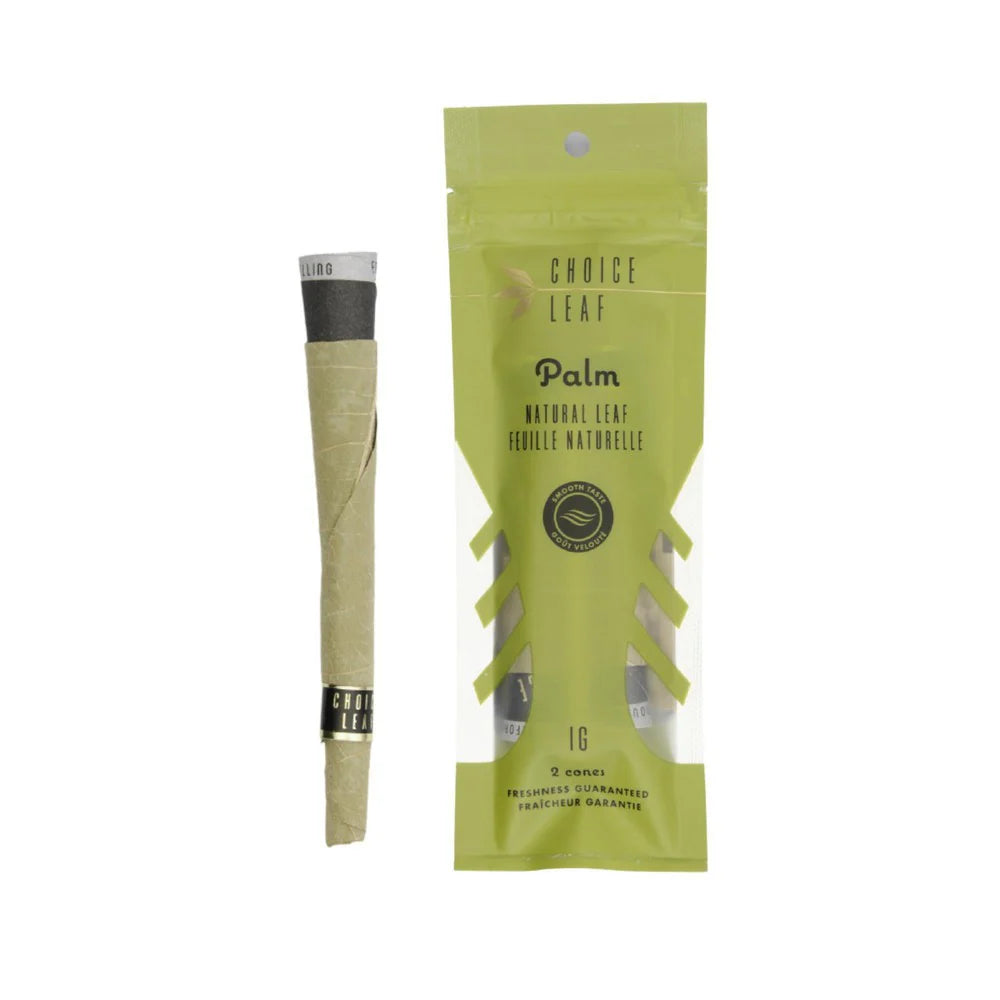 A pre-rolled cone next to its packaging, which is green with the brand 'Choice Leaf' written on it.