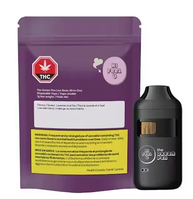 A product image featuring a purple and white packaging with a cannabis leaf and a number 5 indicator, alongside a black AIO (All-In-One) vape pen.
