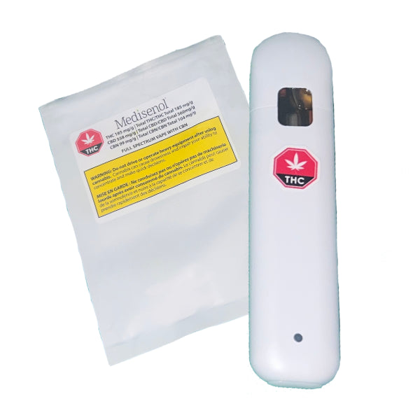 The image shows a white vape device with a label indicating THC and another with a red cross, alongside a sealed package with similar design and additional text.