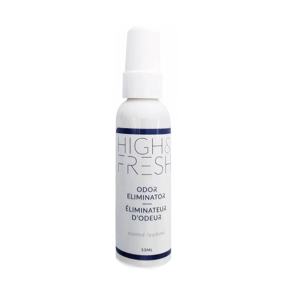 A white spray bottle labeled 'High & Fresh Odour Eliminator' with blue and silver text detailing the product's purpose and volume (50ml).