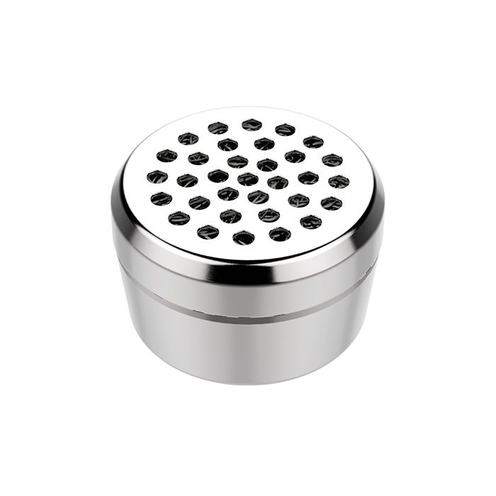 A silver dosing capsule with a filling pad inside, designed for gap filler use with finely ground herbs.