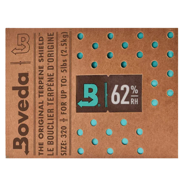 A packaged Boveda 62% RH control product, which appears to be a humidity control pod for cigars, with a humidity indicator of 62% relative humidity.