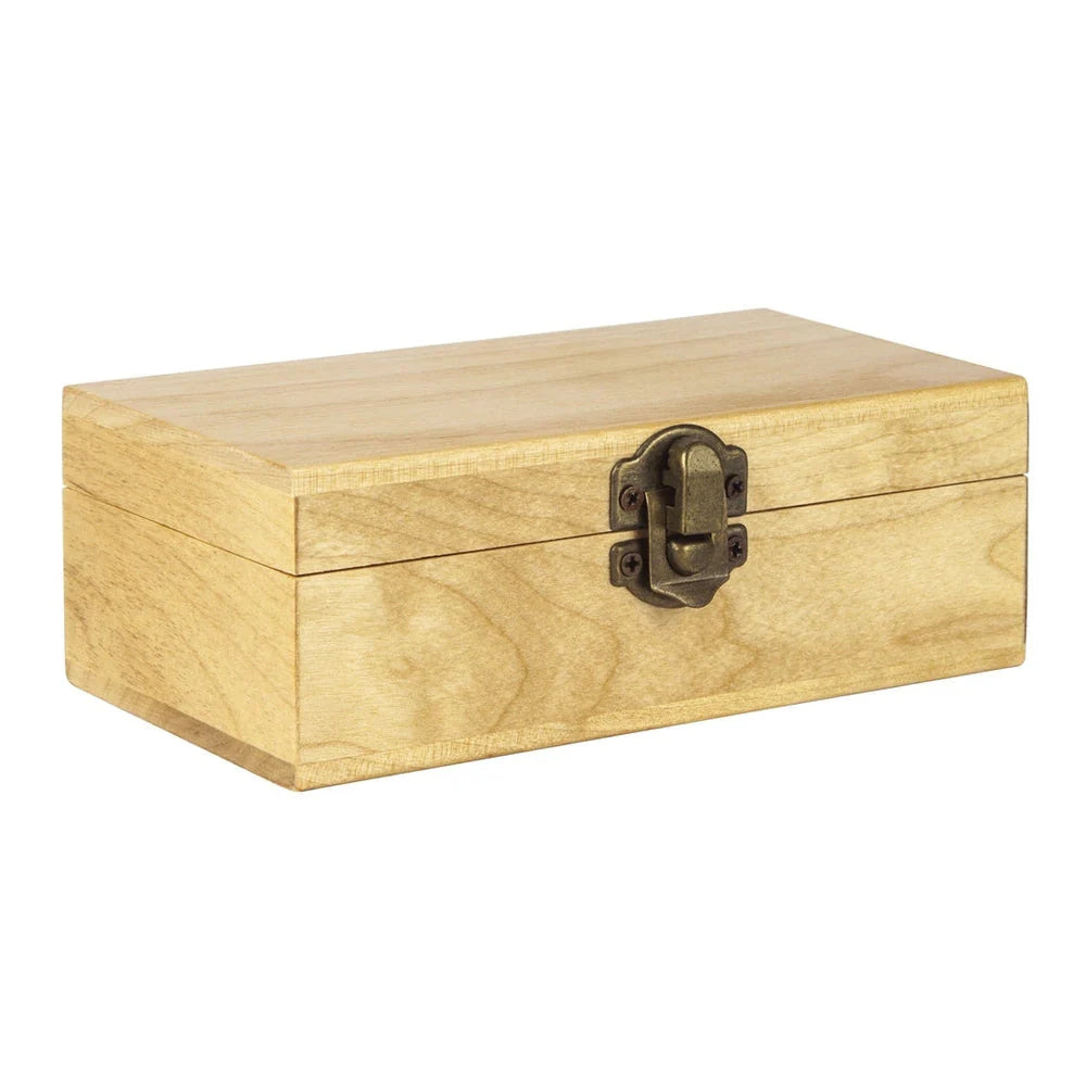 A small rectangular wooden stash box with a clasp closure.