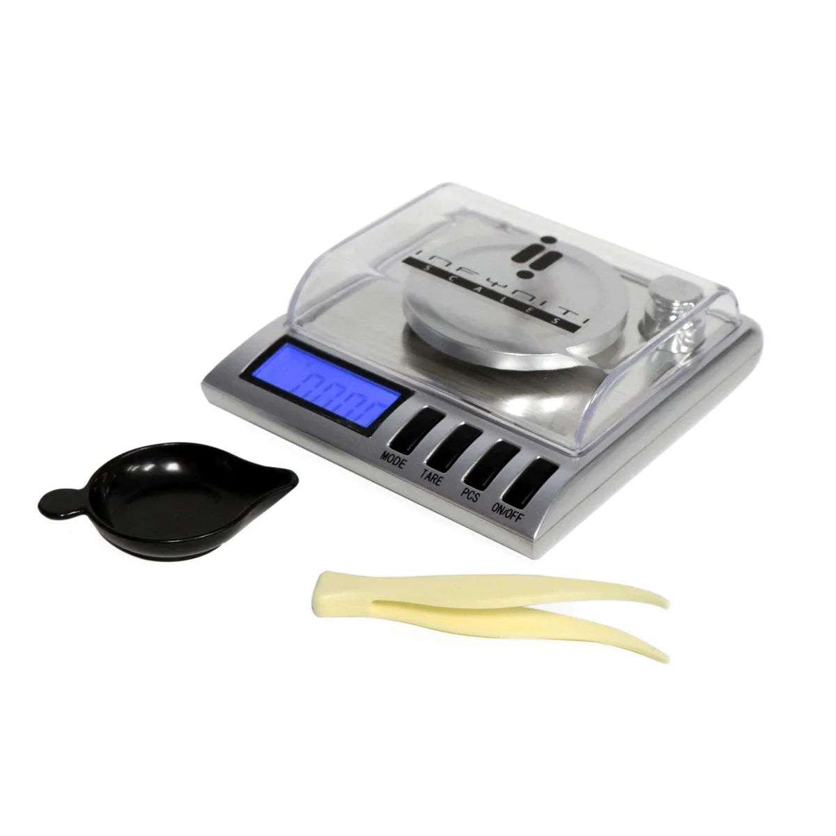 A digital pocket scale with a blue backlight, a large stainless steel weighing platform, digital display, accompanied by a black weigh tray and yellow tweezers.