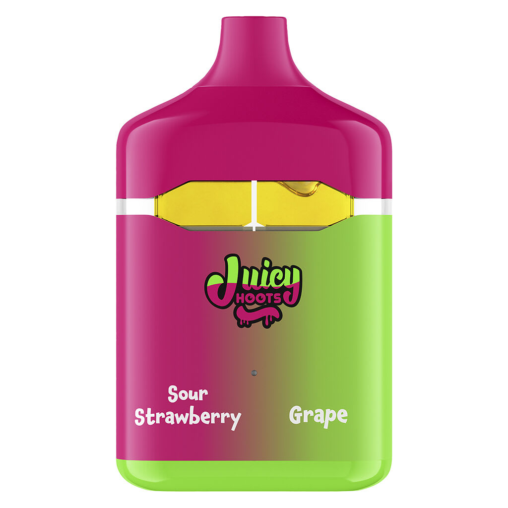 Disposable vape pen with pink and green color scheme, labeled 'Juicy Hoots' with flavors 'Sour Strawberry' and 'Grape' indicated.