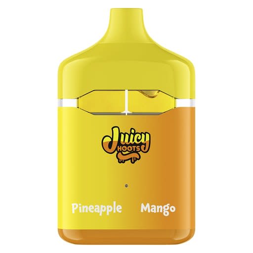 Disposable vape pen with yellow and orange coloring, labeled 'Juicy Hoots' with flavors 'Pineapple' and 'Mango' indicated