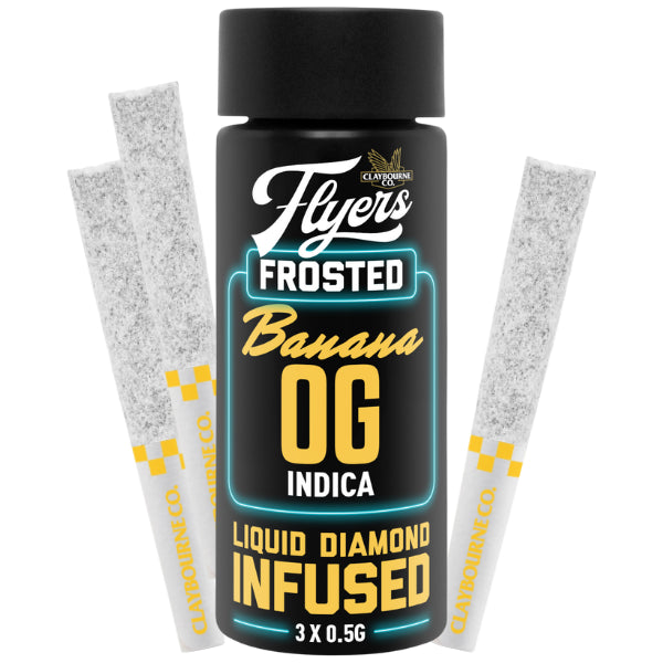 Product packaging for Claybourne Flyers Frosted Infused Banana OG pre-rolls, featuring a black container with text and branding, and two pre-rolled joints beside it.