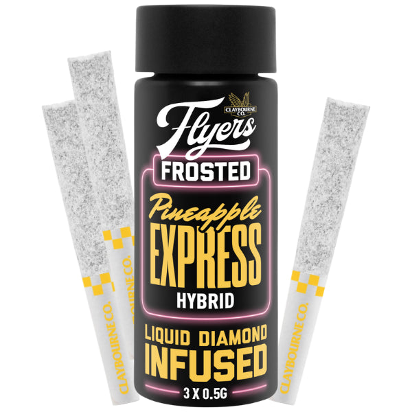 Product packaging for Claybourne Flyers Frosted Infused Pineapple Express hybrid pre-rolls. The package contains three pre-rolled joints and features branding and flavor information on the label.