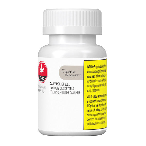 White bottle of Spectrum Therapeutics cannabis oil softgels on a white background