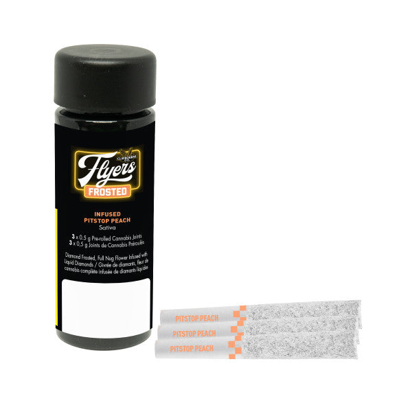 Black bottle labeled 'Flyers Frosted' with two silver packages on a white background