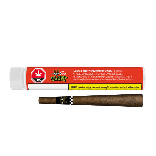 Packaging of Claybourne Flyers Blunt Strawberry Cough, displaying the product name and a brief description.