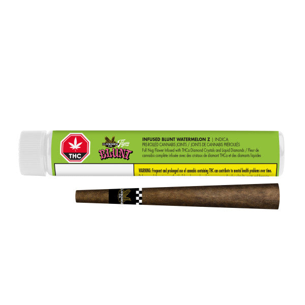 INFUSED BLUNT WATERMELON Z | INDICA blunt with dark brown wrap with a small black-and-white checkered label near the tip.