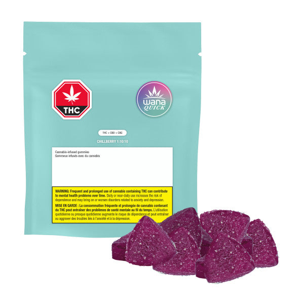 Packaged THC gummies with a teal label featuring the Wana Quick logo on a white background.