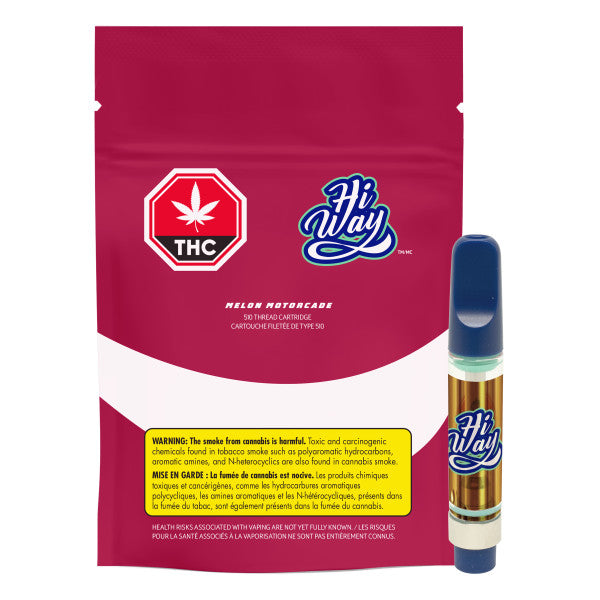 Pink packaging with THC logo and 'Hi Way' branding, featuring a cannabis vape pen.