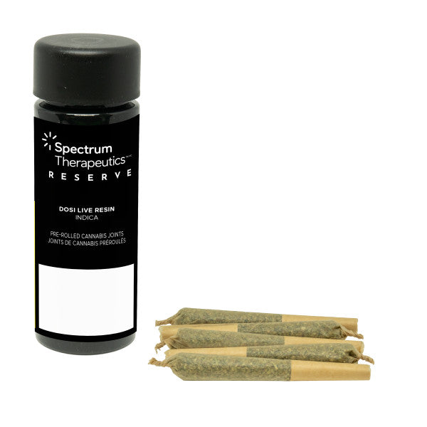 Spectrum Therapeutics Reserve bottle with pre-rolled joints on a white background
