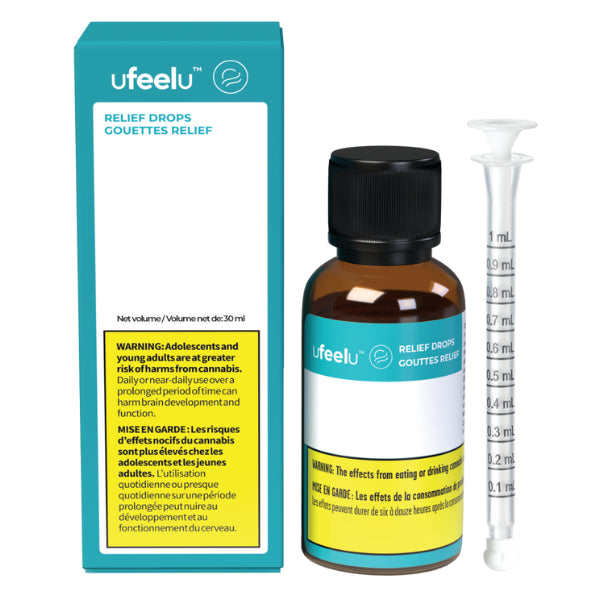 uFeelu Relief Drops product packaging and bottle with a syringe, featuring information about CBD and CBC contents.