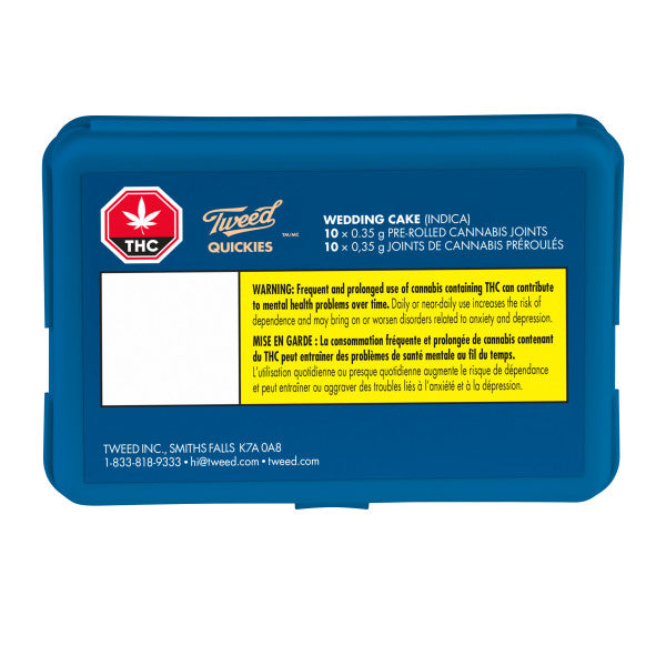 This image features a product packaging for Tweed Wedding Cake Quickies Pre-Roll. The package is a compact, blue box with a clear and informative design.