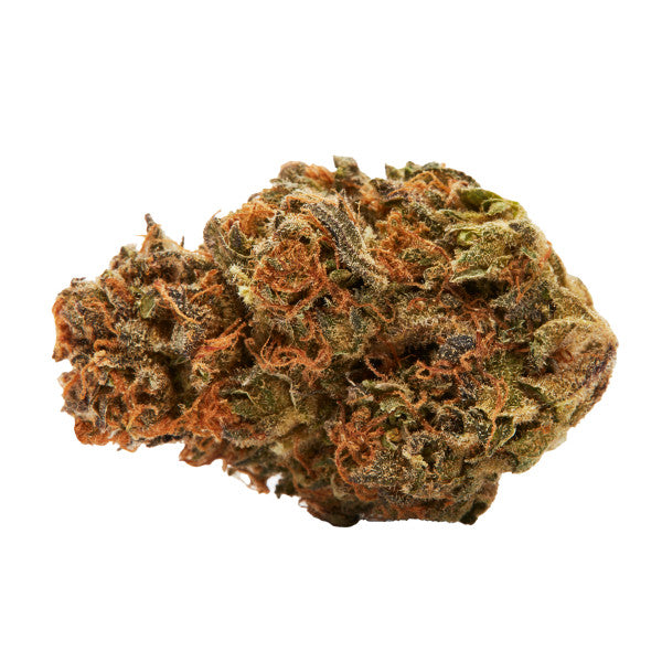 A close-up image of a cannabis bud with a mix of green and brown colors and visible trichomes.