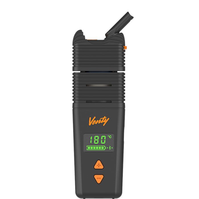 A black Storz & Bickel Venty vaporizer with a digital temperature display and orange buttons.