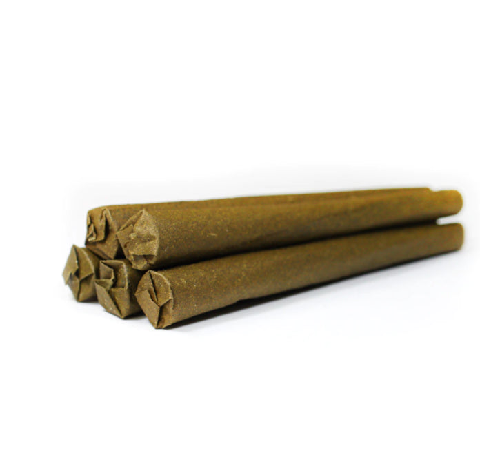 A stack of rolled blunts with a brown color, indicating they have been made from hemp wraps.