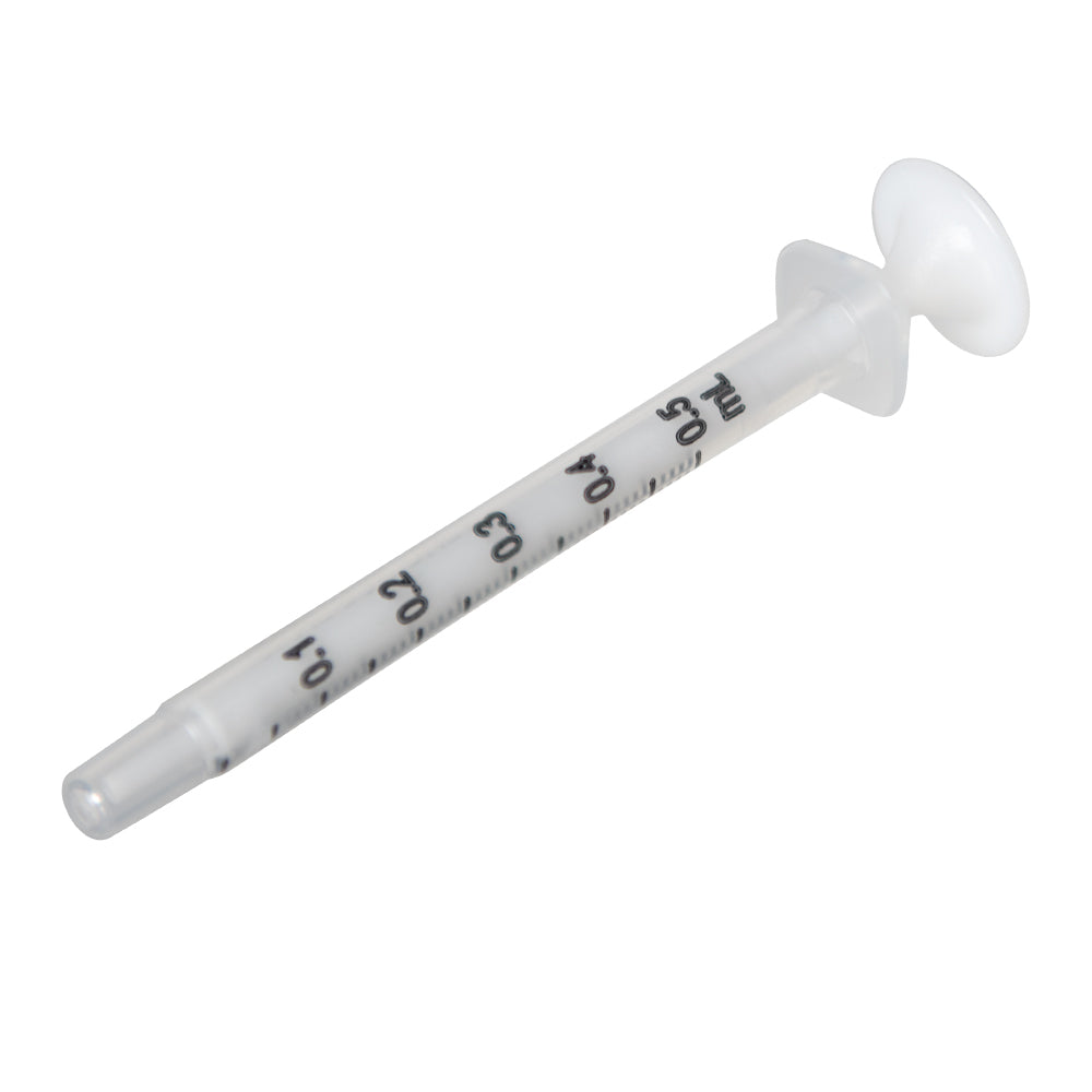 A single white syringe with measurement markings, designed for dispensing oil.