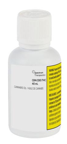 A white bottle with a label displaying 'Spectrum Therapeutics' brand and information about the product containing CBN, CBD, THC cannabinoids and terpenes.