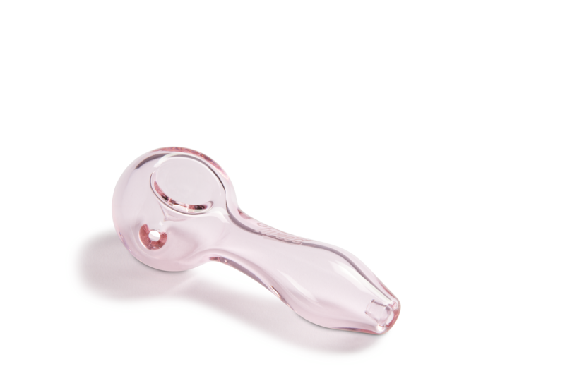A sheer pink borosilicate glass spoon pipe with an inverted cone ash-catcher mouthpiece.