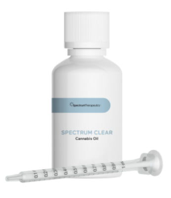 A bottle of Spectrum Clear Cannabis Oil with a dropper, against a white background.