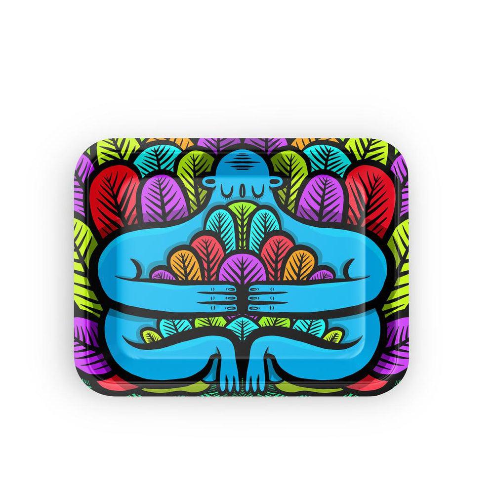 A medium-sized rolling tray with a blue statue design amidst colorful leaves.