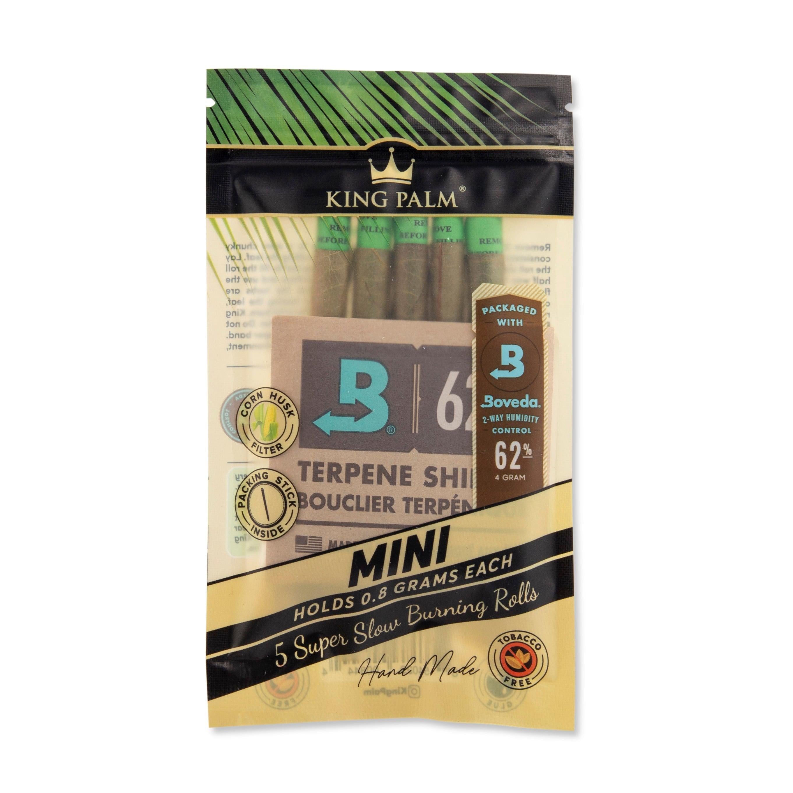 Packaging of King Palm Pre-Rolled Cones featuring the product name, quantity, and additional details, with a green and brown color scheme.