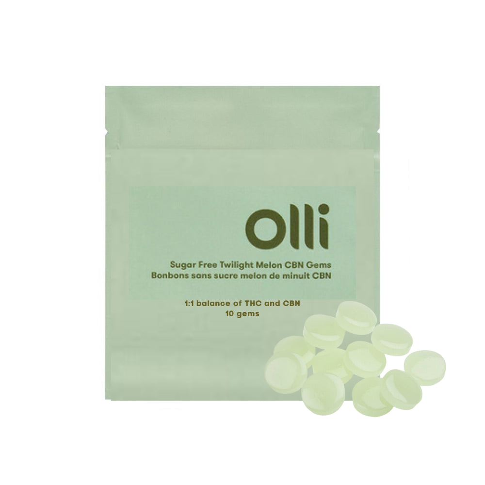 A package of Olli sugar-free twilight melon CBN cannabis infused hard candy, with several candies displayed in front.