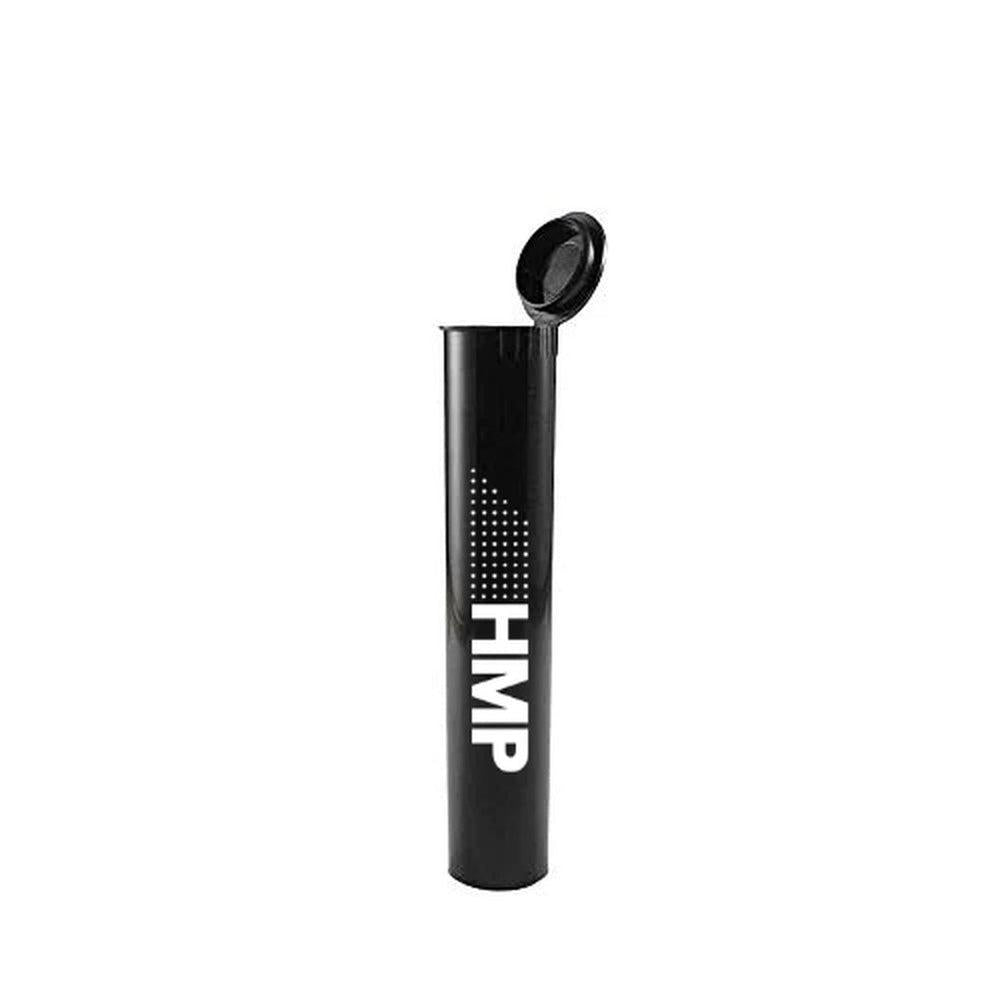 A black cylindrical container with the letters 'HMP' written in white. The container is designed to store pre-rolls.