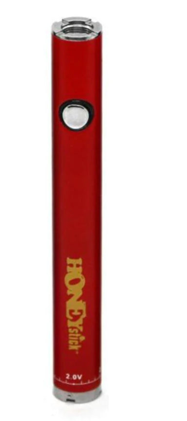 A red HoneyStick 510 Variable Voltage Twist Battery with a twist design, button on the side, and branding around the middle section.