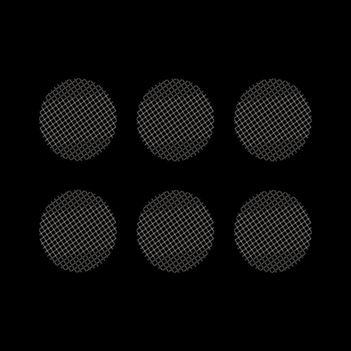 Set of six metallic screens with a coarse mesh pattern, likely made of stainless steel, arranged in two rows of three.