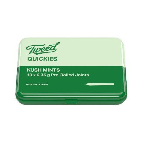 A pack of Tweed Quickies pre-rolled joints with the label indicating Kush Mints, 10 x 0.35 g pre-rolled joints, high THC hybrid.