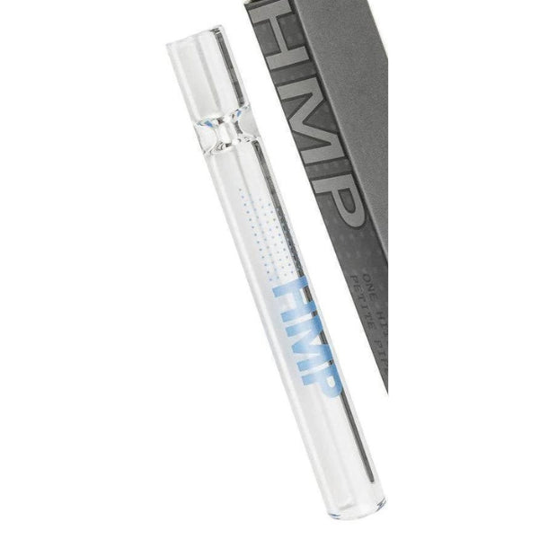 A clear glass joint with blue text branding, designed for smoking, displayed against a dark background.