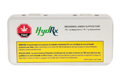 Packaging of Medisenol Green Suppository Extracts with THC and CBD, displaying product information and branding.
