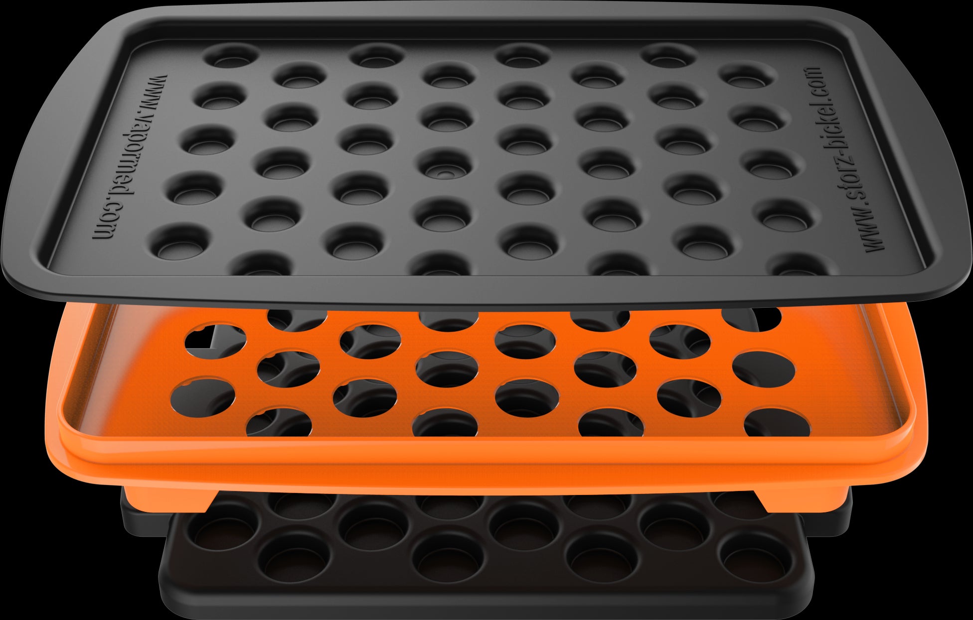 A set of accessories for filling dosing capsules, including a filling device, spatula, plunger, grinder, magazine with sealed capsules, and a scale. The grinder and magazine have orange accents.