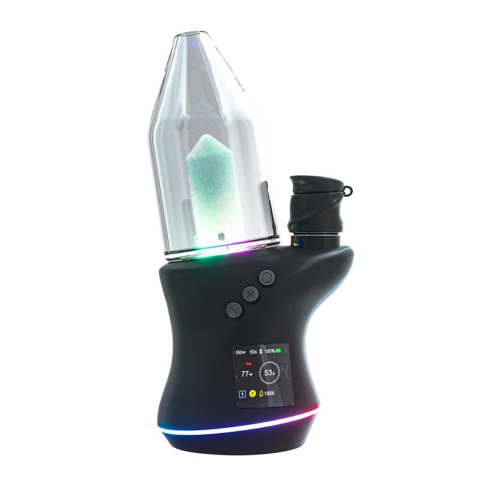 A smart rig with a black body and a clear atomizer, featuring multicolored LED lights at the base and an OLED screen in the center.