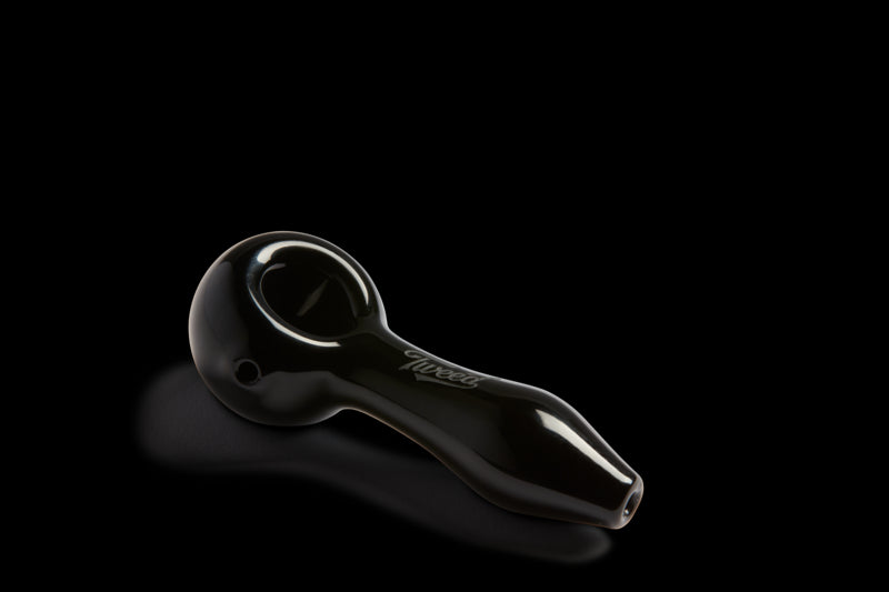A black borosilicate glass spoon pipe with an inverted cone ash-catcher mouthpiece.