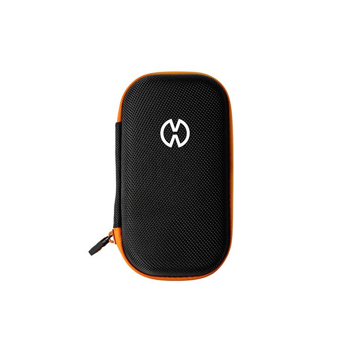 A black and orange Storz & Bickel Crafty travel case with a hard shell and a zipper.