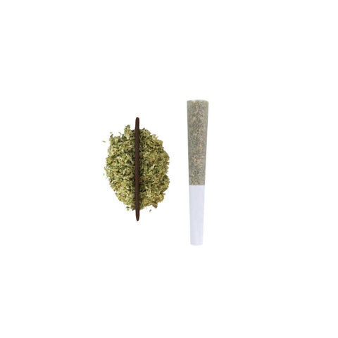 The image shows a pre-roll joint on the right, with a pile of dry cannabis flower next to it on the left.