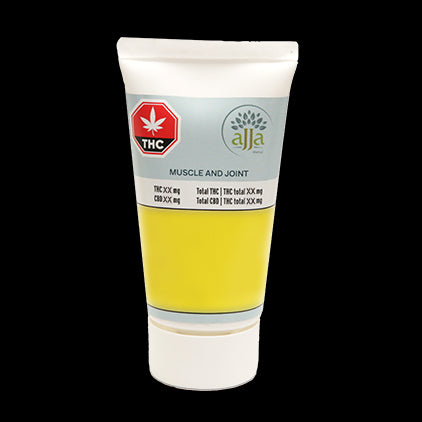 A tube of Ajja Muscle and Joint Cream with a label indicating it contains CBD and THC for muscle and joint support.