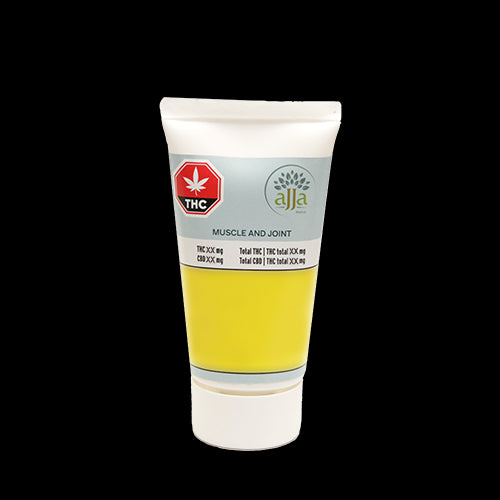 A tube of Ajja Muscle and Joint Cream with a label indicating it contains CBD and THC for muscle and joint support.