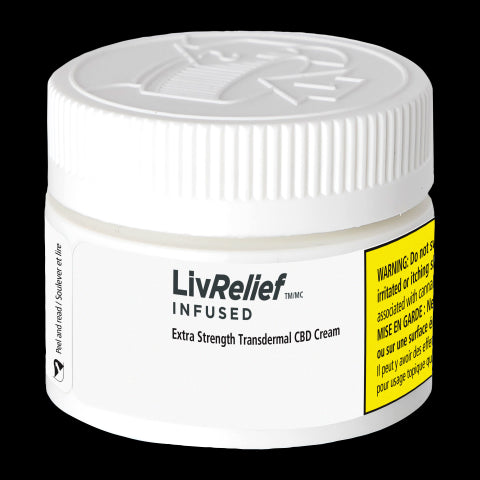 A jar of LivRelief Infused Extra Strength Transdermal CBD Cream. The container is white with a child-resistant lid and a label that includes the brand name, product name, and a warning label.
