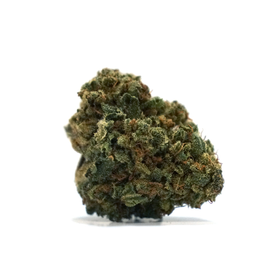 A close-up image of a cannabis bud with a brownish-yellow color, indicating a specific strain for medicinal use.
