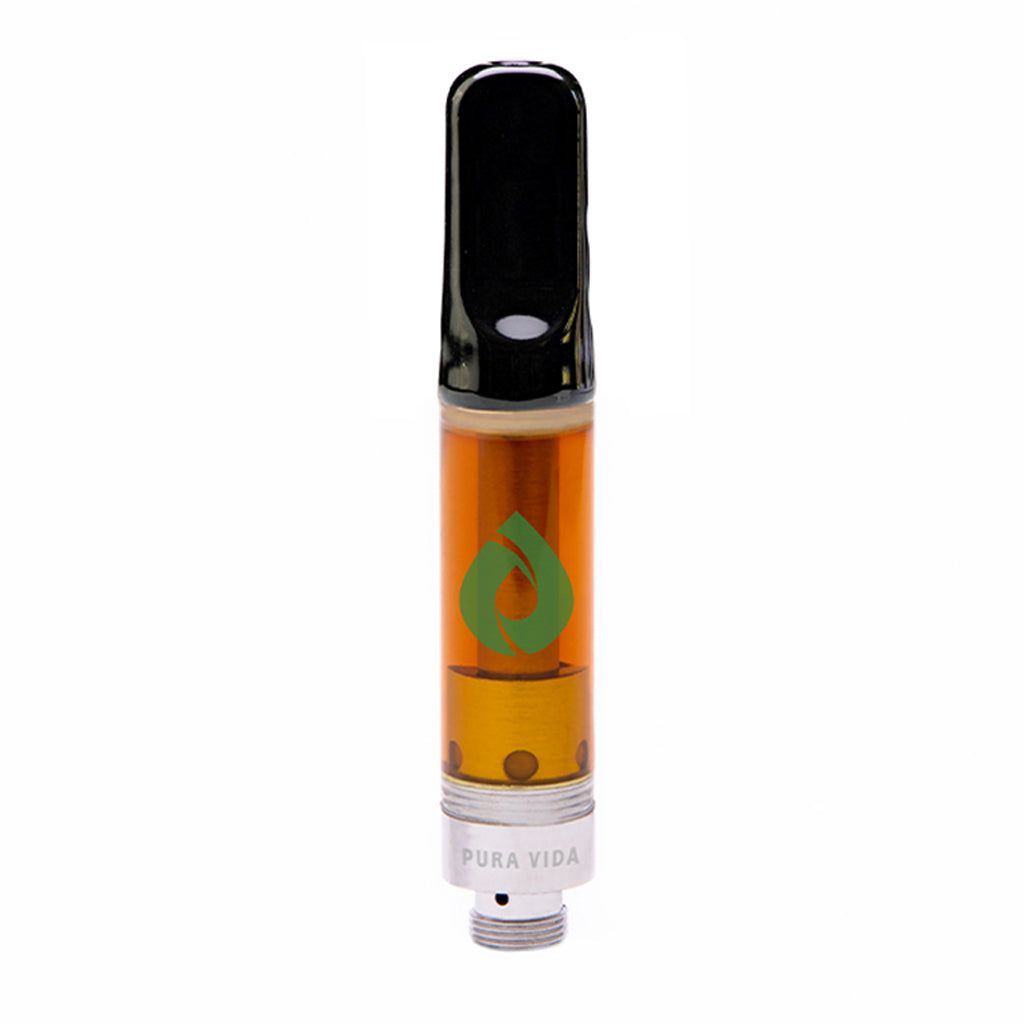 This image features the Pura Vida Raspberry Hippie Crippler Honey Oil Vape Cartridge, showcasing a sleek and stylish design. The cartridge has a black top and base, with a clear central section that allows the orange-colored oil inside to be visible.