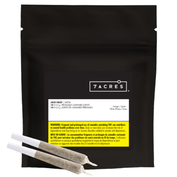Packaging of 7ACRES Jack Haze Pre-Roll with two pre-rolled joints displayed in front.